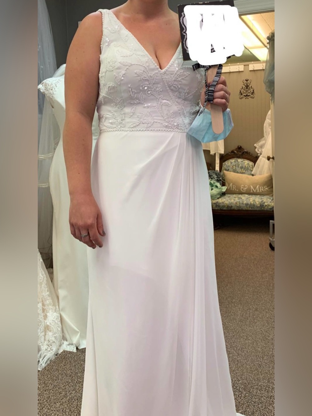 V-Neck White Wedding Beaded Chiffon Gown - Women's Dress